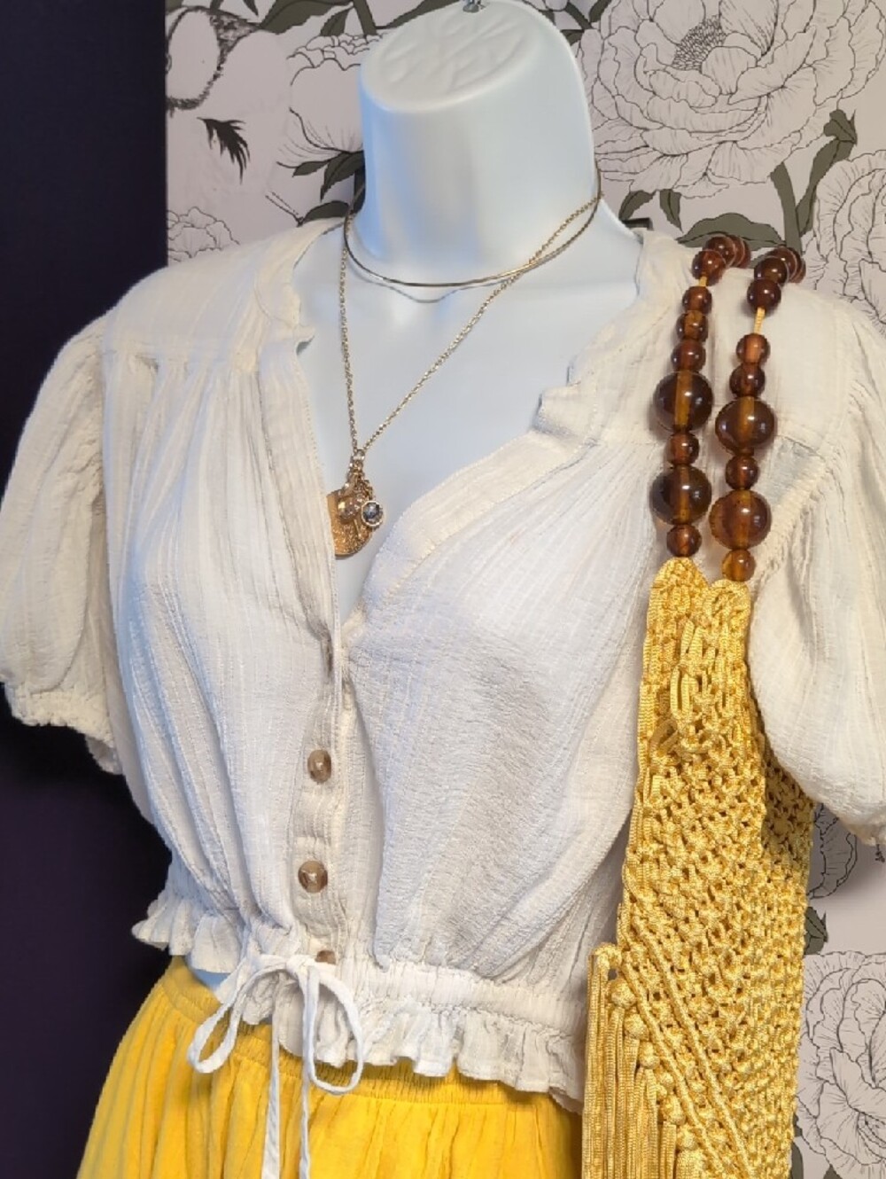 Free People Little Dream Peasant Button-Front Cropped Drawstring Blouse